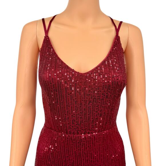 Lulus Wine Red Sequin Wide Leg Jumpsuit Size M Crisscross Open Back Sleeveless - Picture 3 of 16